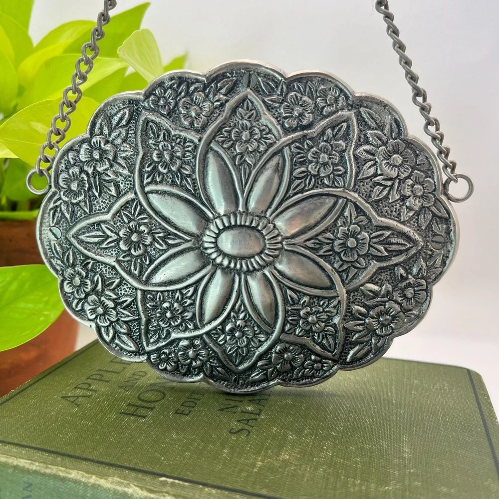 Silver Hanging Wedding Mirror Eleglant  Floral Trim Heirloom Cottage Core